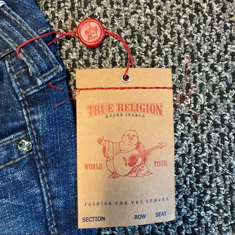TRUE  RELIGION Sz 27 Disco Becky Big T Swarovski Crystal Distressed Jeans - Picture 4 of 14